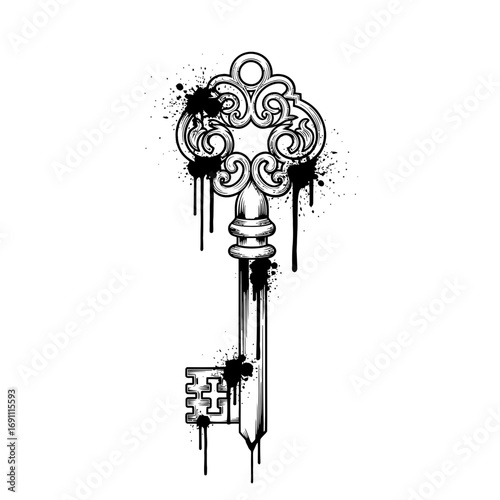 Vector art of antique key with dripping paint