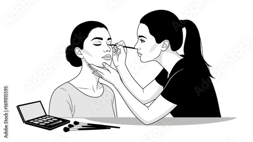 Three female scientists in lab coats conducting cosmetic research and development with skincare products and equipment in a laboratory setting