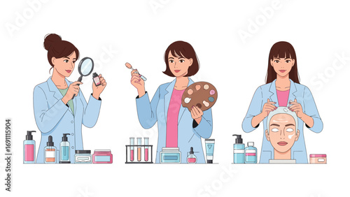 Three young women in aprons and headscarves are focused on a nail art session with a uv lamp and nail polish bottles illustrating beauty and friendship