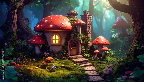 Mushroom house in enchanted forest