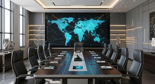 Boardroom's Global Strategy: A modern boardroom featuring a grand conference table with a display of the global map.