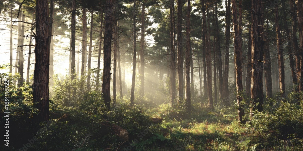 Obraz premium Serene Sunlight Filtering Through Tall Trees in Tranquil Forest Setting with Mist and Soft Shadows on Ground