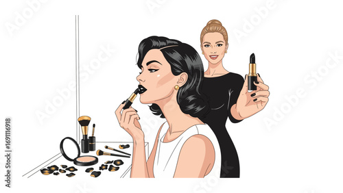 Two female estheticians performing a relaxing facial treatment with various beauty products and crystals on a woman lying on a massage table