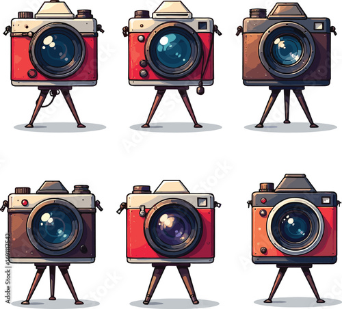 Vintage cartoon cameras on tripods with large lenses in two rows, retro photography equipment illustration for creative and nostalgic themes