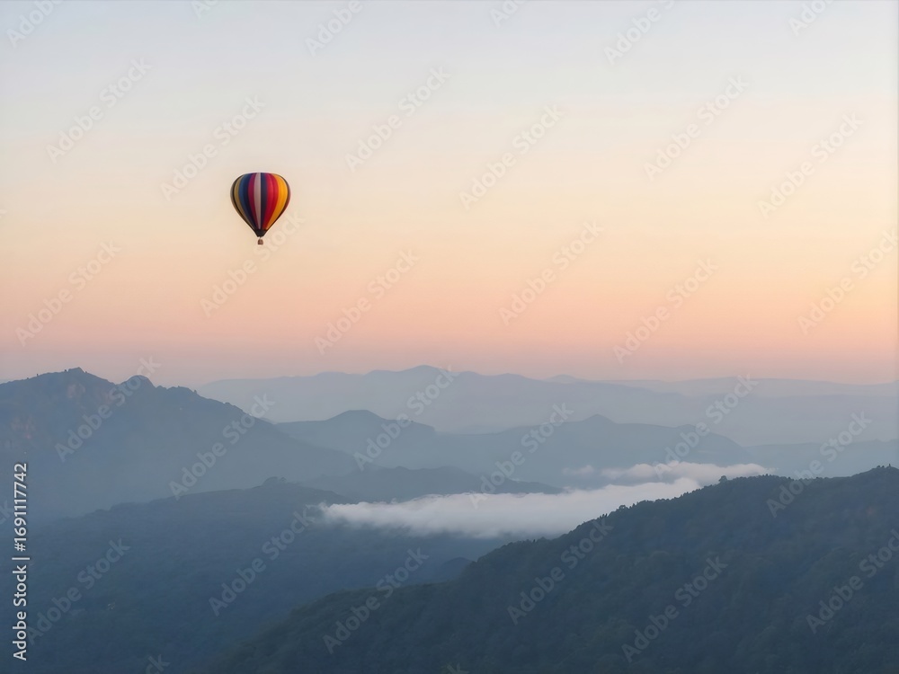 Fototapeta premium Sunrise Hot Air Balloon Floating Over Layered Mountain Ranges in Blue Pink Sky