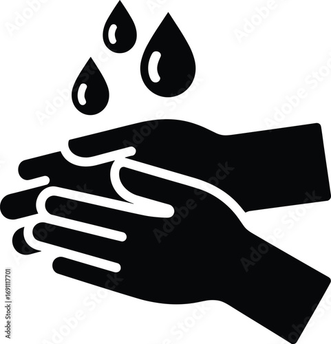 Black icon of hands washing with water drops vector