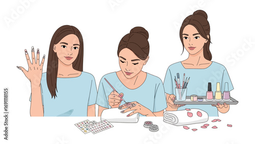 A person sitting in a salon chair with their hair being styled with rollers and styling tools by a hairdresser in a vintage illustration style