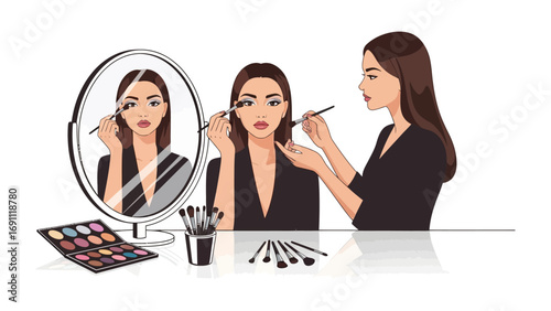 Two women applying makeup in front of a mirror one with lipstick and the other reflecting her actions preparing for a glamorous event
