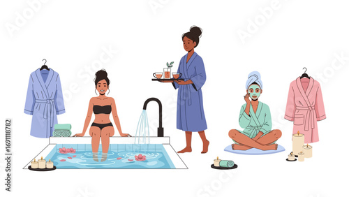 Professional skincare treatment with facial mask application and beauty product demonstration by male and female estheticians in a spa setting