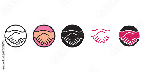 Minimalist Handshake Icon Set – Agreement, Partnership, and Cooperation Symbols in Flat, Outline, and Color Variants for Business UI, Social Campaigns, and Educational Graphics