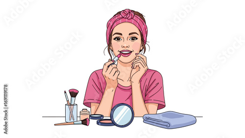 A collection of essential makeup products including professional brushes eyeshadow palette and vibrant lipsticks for a complete beauty routine