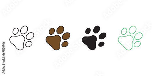 Minimalist Paw Print Icon Set – Pet, Animal, and Wildlife Symbols in Flat, Outline, and Color Variants for Veterinary UI, Pet Apps, and Nature-Themed Graphic Design