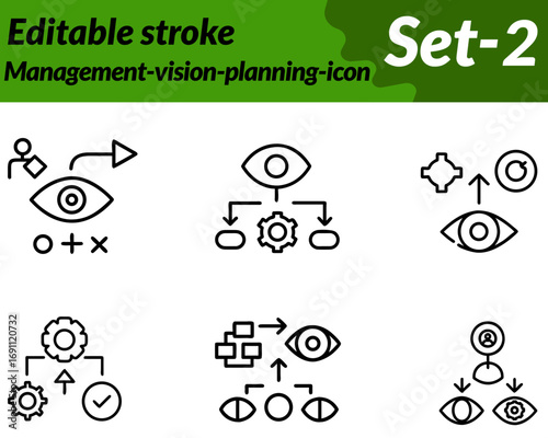 Management-vision-planning icon. character illustrated with a person or team figure standing in front of a target or vision board holding a telescope or pointing towards a rising arrow Surrounded.