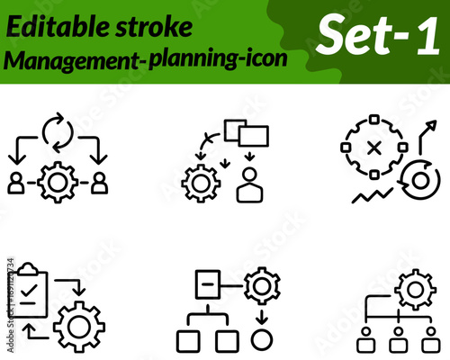 Management-vision-planning icon. character designed with a leader figure holding a telescope standing beside a target or roadmap symbolizing long-term goals. Supporting elements like direction arrows.