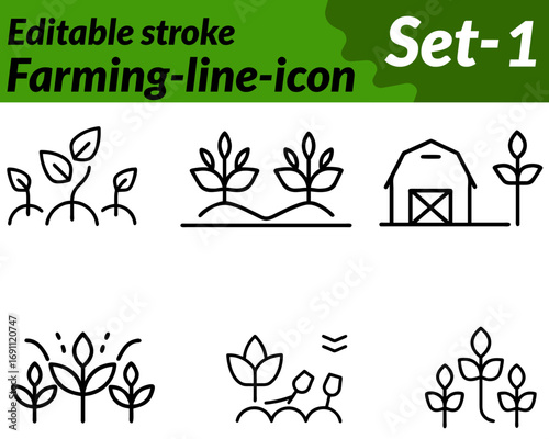 Farming icon character. designed with a farmer figure wearing a hat holding. a pitchfork or watering can standing beside crop plants a tractor. Additional details like barn sun or soil rows represent.