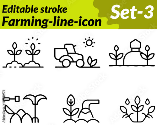 Farming icon character. designed with elements like a farmer holding a pitchfork tractor barn or crop fields. Includes wheat corn or rice plants to symbolize agriculture. Drawn in a flat clean vector.
