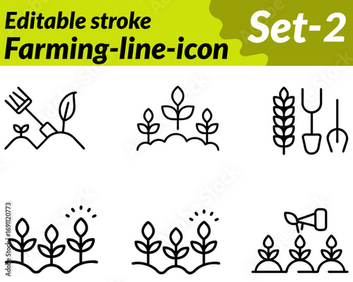 Farming icon character. designed with elements like a farmer holding a pitchfork tractor barn or crop fields. Includes wheat corn or rice plants to symbolize agriculture. Drawn in a flat clean vector.