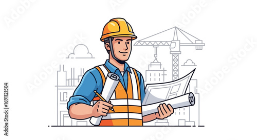 Construction Worker with Helmet and Tools Vector Illustration