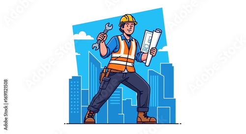 Construction Worker with Helmet and Tools Vector Illustration