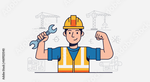 Construction Worker with Helmet and Tools Vector Illustration