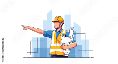 Construction Worker with Helmet and Tools Vector Illustration