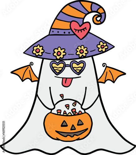 halloween cute cartoon. Cute ghost wearing a witch hat holding a pumpkin bucket filled with candy. retro trendy halloween in doodle pastel color style