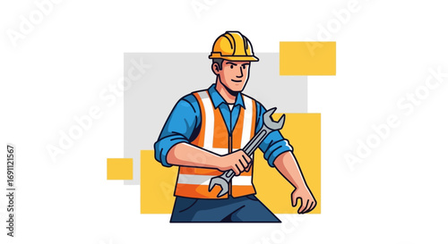 Construction Worker with Helmet and Tools Vector Illustration