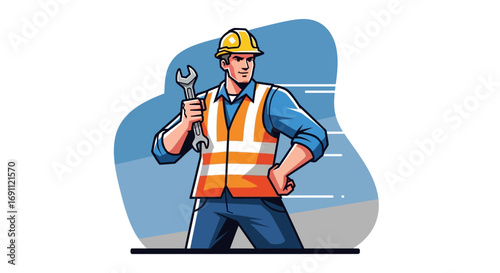 Construction Worker with Helmet and Tools Vector Illustration
