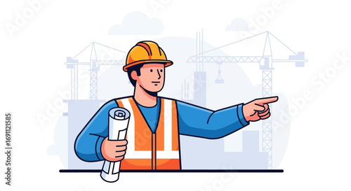 Construction Worker with Helmet and Tools Vector Illustration