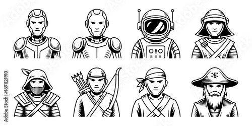 A collection of various character avatars, including a robot, an astronaut, a warrior, an archer, and a pirate, all in vector art style. Black and white design.