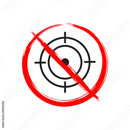 Crossed out target icon with a red hand-drawn brush stroke. Vector sign symbolizing no violence, anti-war, peace, or missed goal concepts
