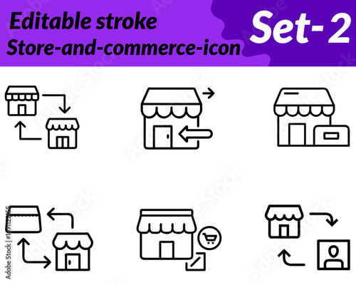 Store-and-commerce icon character. Designed with a storefront facade shopping cart or market stall symbolizing trade and retail activity. Elements like a price tag credit card or shopping bag enhance.