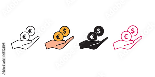 Minimalist Currency Hand Icon Set – Euro and Dollar Coins in Flat, Outline, and Color Variants for Finance, Banking, Investment, and Global Economy UI or Educational Use