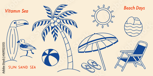 Set of summer beach icons like palm trees, waves, surfboards, and sun. Perfect for summer designs, t-shirts, posters, and coastal branding.