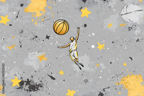 Hand-drawn vector seamless pattern with sports elements, basketball ball and player in the air, stars, and graffiti doodles. Gray background
