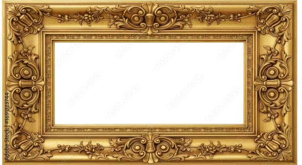 Obraz premium Ornate Gold Picture Frame With Intricate Carvings And Leaf Motifs