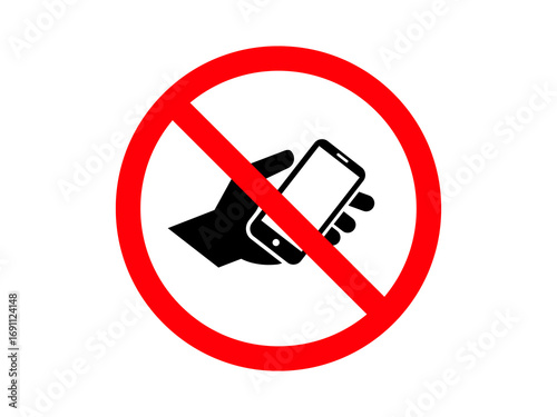 A visual sign prohibiting cell phone use, with the image of a hand holding a smartphone inside a red circle with a diagonal line transparent background Free Download A visual sign prohibiting cell phone use, with the image of a hand holding a smartphone inside a red circle with a diagonal line transparent background - GFXLoad