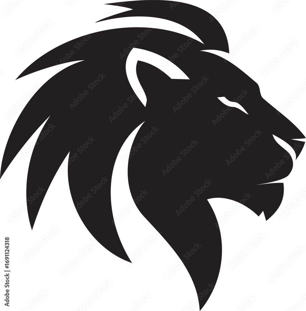 Obraz premium The Lion's Majestic Profile: A strong and regal lion's head silhouette, symbolizing strength, power, and courage in a stark, minimalist style.