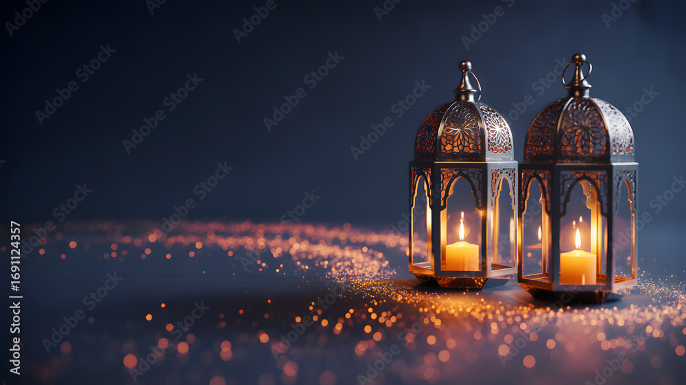 Fototapeta premium Glimmering Lanterns: Two ornate lanterns emit a soft, warm glow, illuminating the surrounding space with a festive ambiance, perfect for a holiday or special occasion.