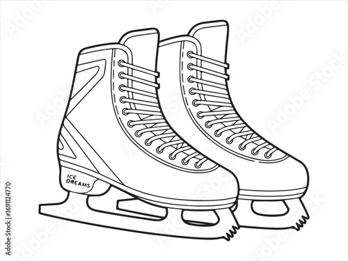 A detailed black and white illustration of a pair of classic ice skates with laces and blades on a smooth icy surface, perfect for winter sports or skating related content.