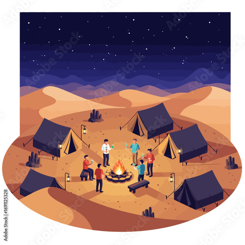 Desert campsite cocktail party illustration with people gathered around a campfire, enjoying drinks in a stunning desert landscape