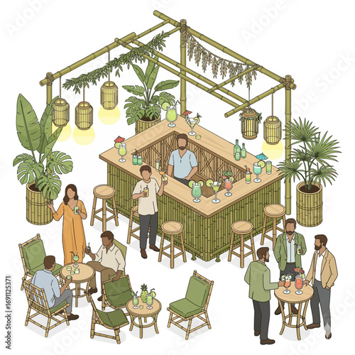 Eco Bamboo Pop-Up Bar Party with People and a Tropical Celebration Scenea