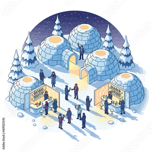 Snow Igloo Bar Party Scene with People, Winter Landscape, and a Lively Celebration
