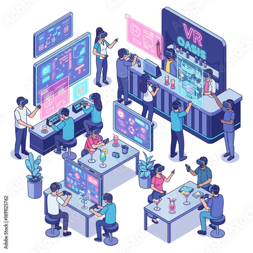 Virtual reality gaming bar party AI vector file, group of people playing VR games in cyber cafe with drinks, social gaming and entertainment