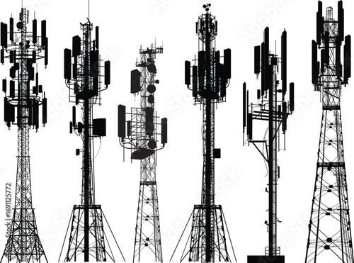 group with six black antenna towers on white