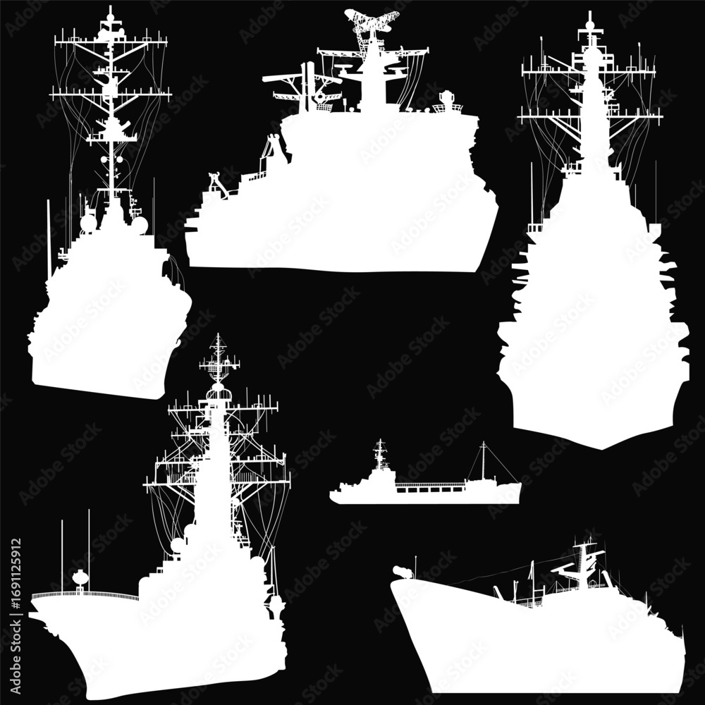 Obraz premium six ship silhouettes isolated on black background