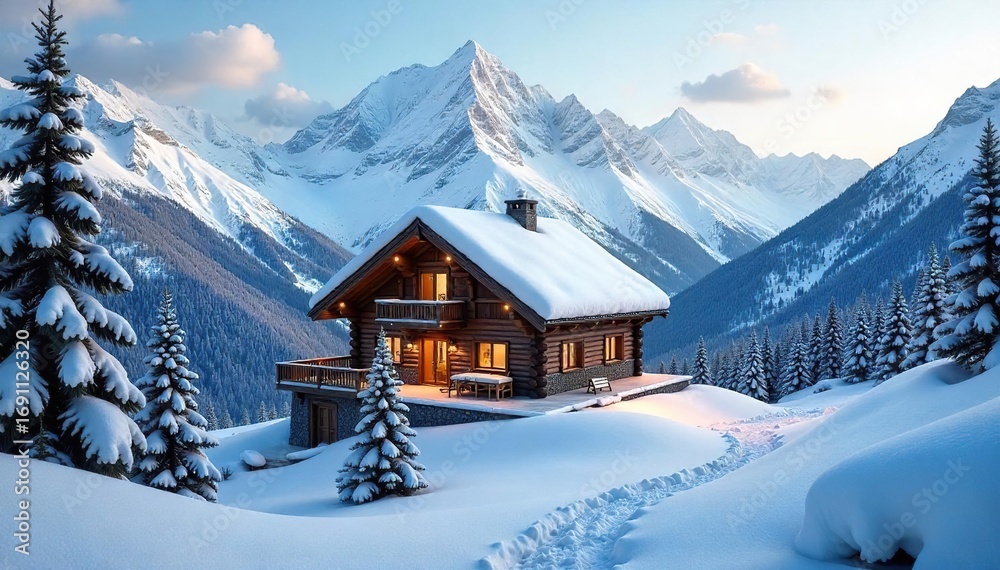 Fototapeta premium Cozy chalet nestled in a snow-capped mountain range, perfect for a winter climbing adventure Imagine the crisp mountain air and stunning views from this idyllic retreat , landscape, escape