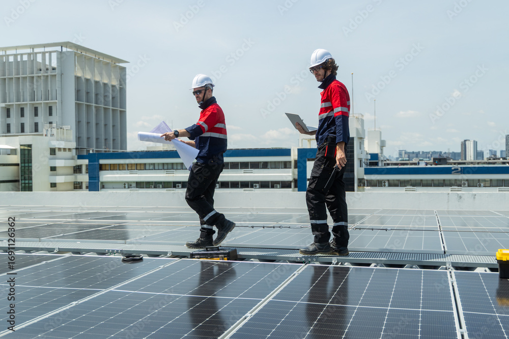 Obraz premium Engineers reviewing solar panel blueprint on rooftop