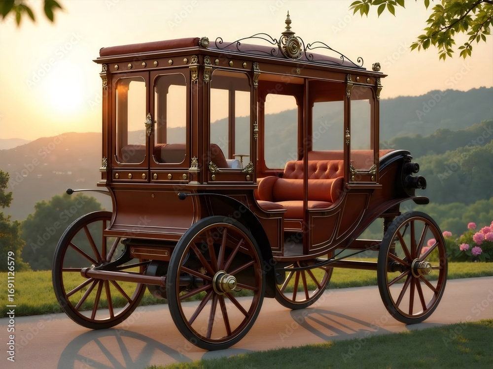 Fototapeta premium 豪華な木製馬車 豪華なインテリア 金色のアクセントと自然な背景に夕暮れ