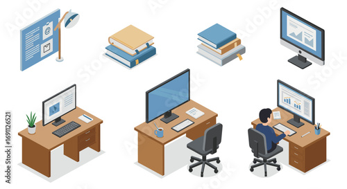 Isometric office workspace with computer desks and stack of books